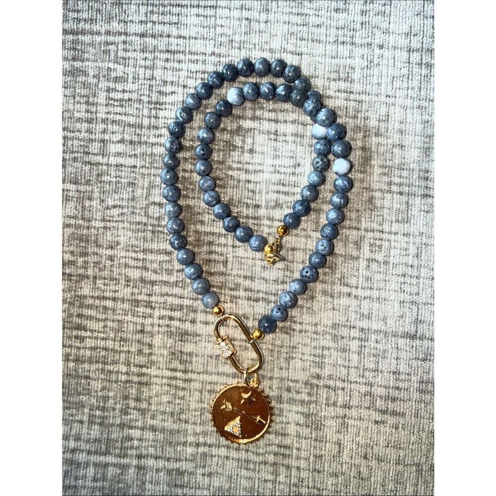 Gold Coin Pendant Necklace with Gray Beads